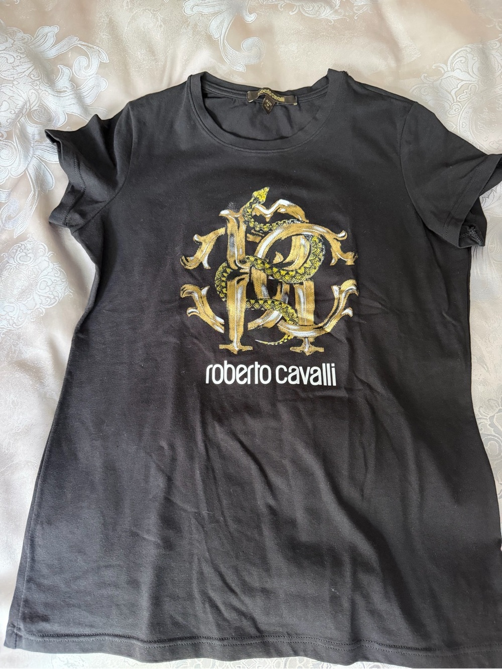 Roberto Cavalli Black Tee with Gold Monogram